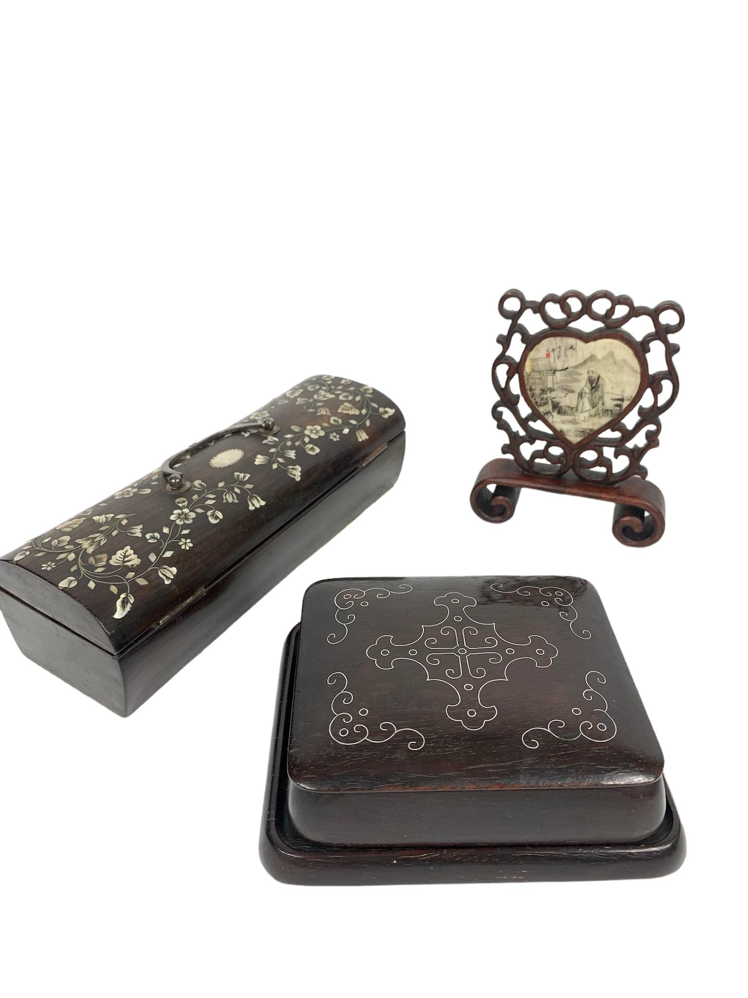 2 chinese rosewood box with mother of pearl and silver inlaid and rosewood screen with stone inlaid: Rosewood box with silver inlaid; mop rosewood box; and rosewood screen with stone drawing inlaid; MOP box: 7.75" x 3"