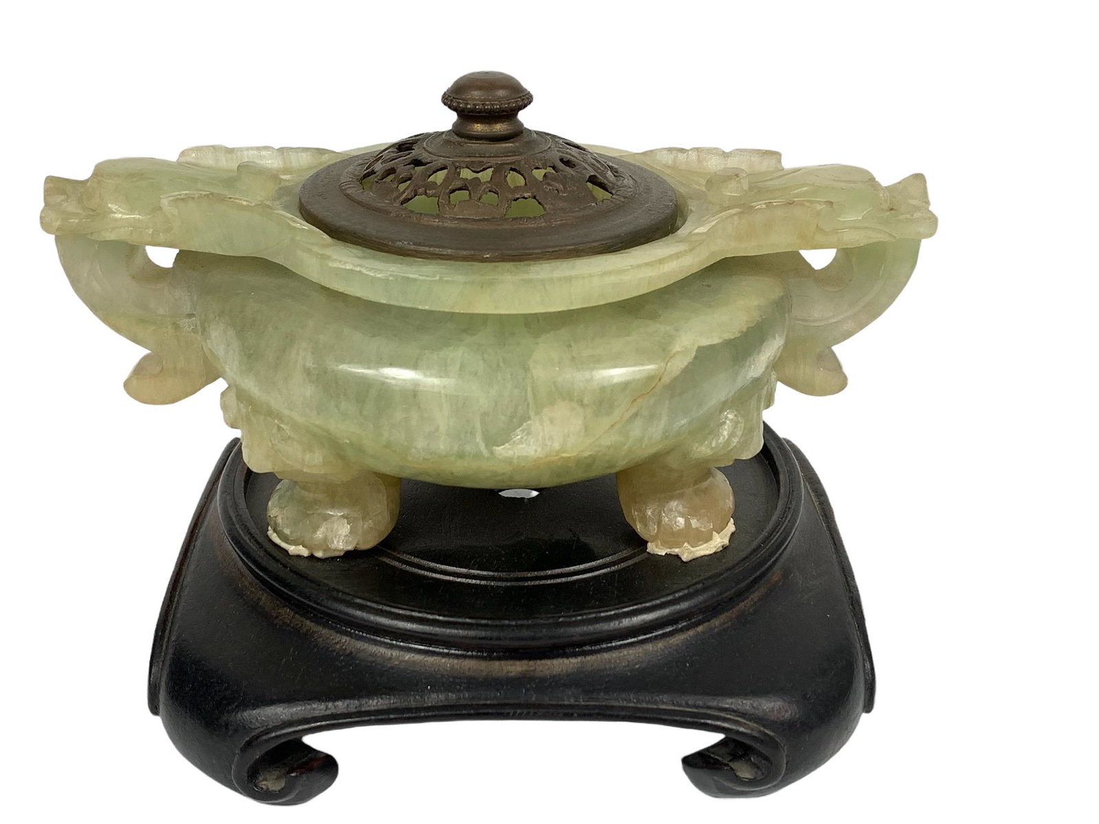 A chinese jade carved censor burner with stand and bronze cover: 7"W; H: 4.25";