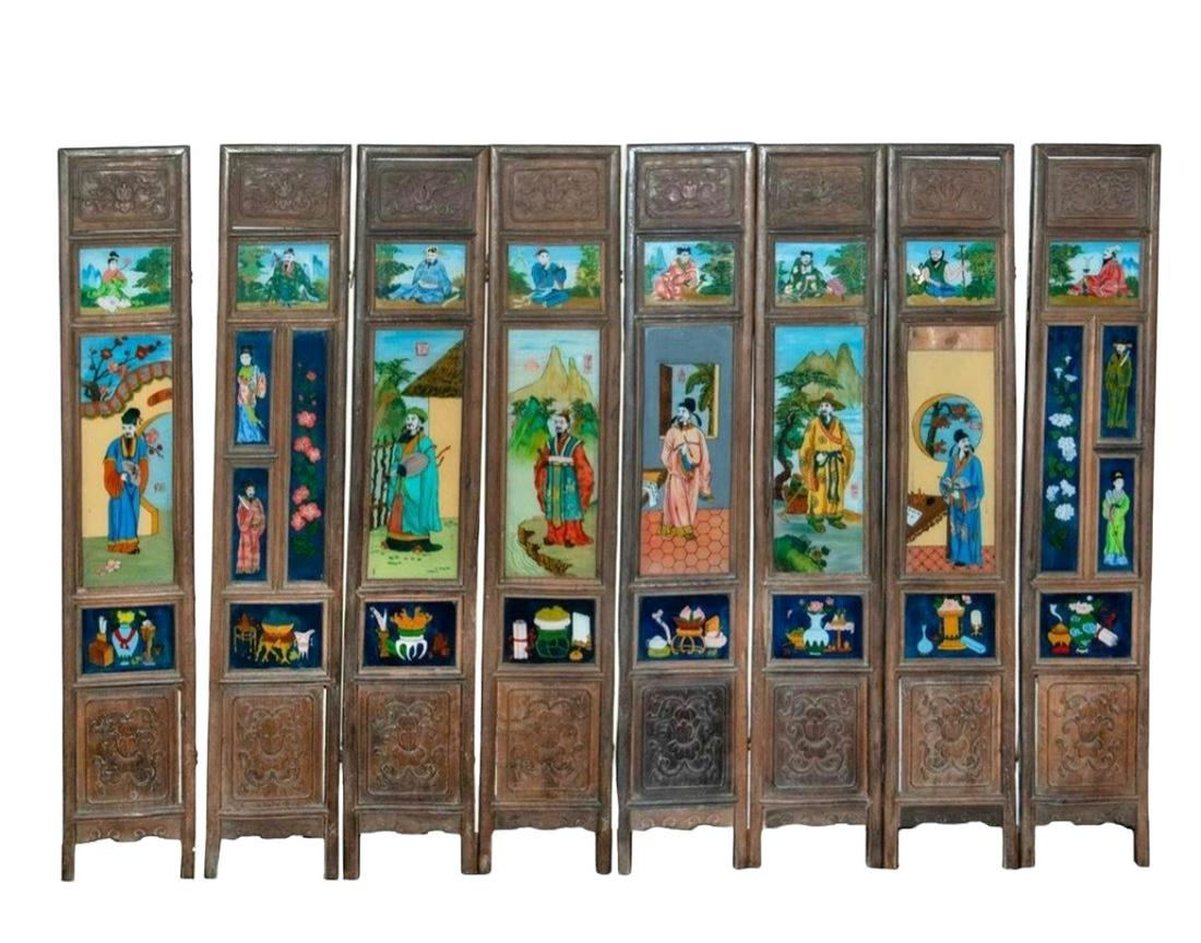 A set of chinese inverse painting glass screen: with hardwood frame; 8 piece hanging screen; W:58" H:41.5" from ARNOLD KOPELSON collection