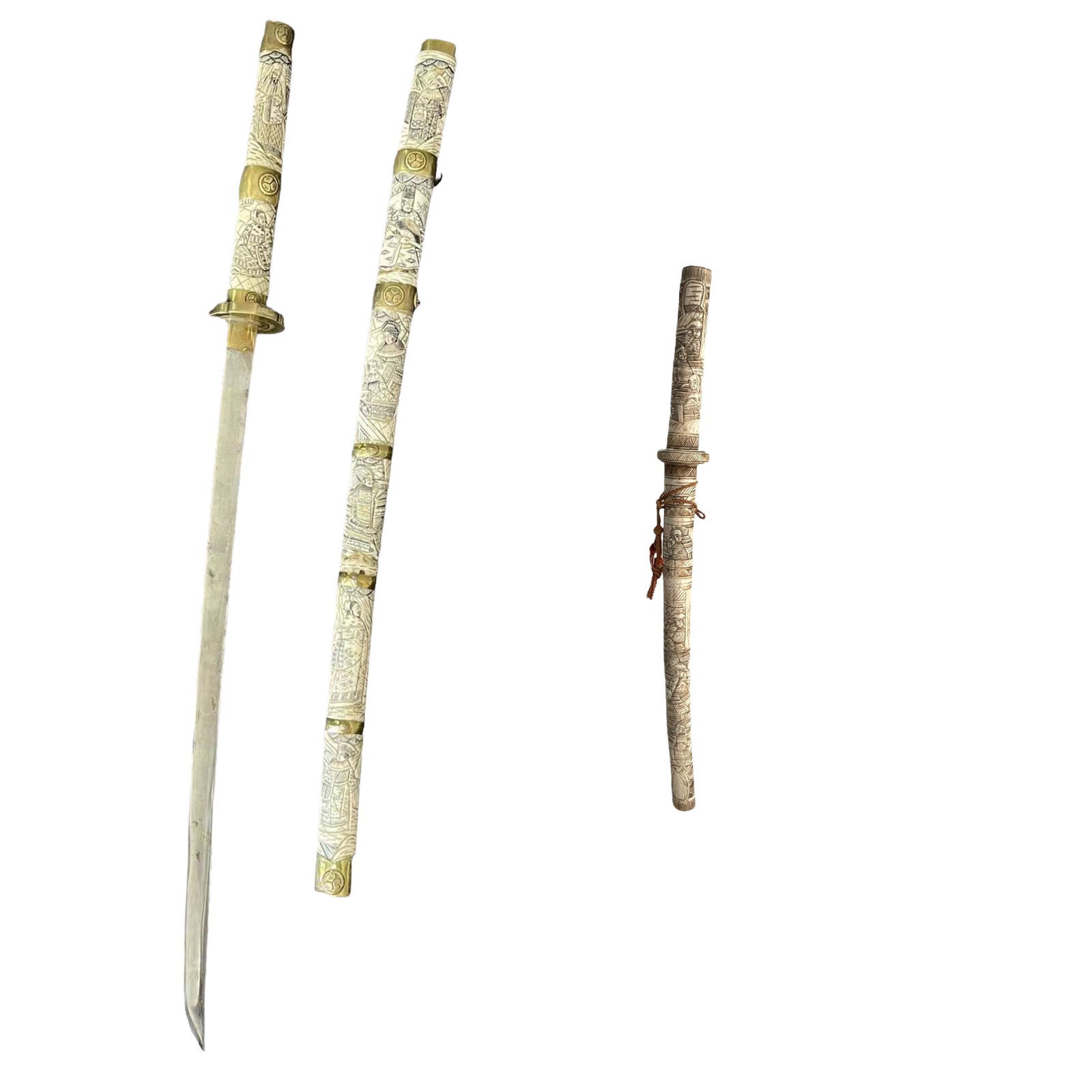 A pair of japanese samurai katana sword with bone carved theme: 2 japanese samurai katana sword with bone carved theme; Bigger: