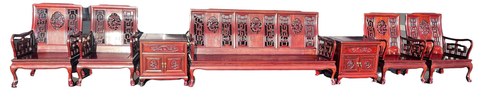 A set of fabulous chinese rosewood set: Rosewood armchair: 25.5" x 28" x 35"; Rosewood nightstand: 22"; Rosewood sofa: 75" x 23" x 35"