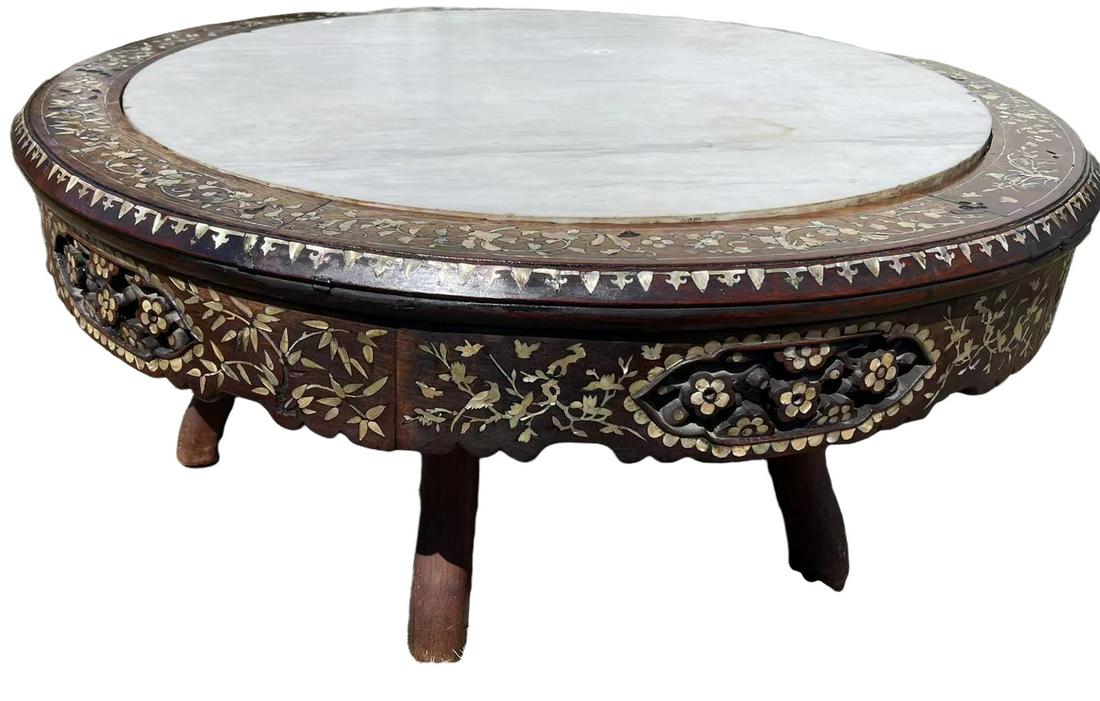 Old chinese rosewood round table with mother of pearl and marble inlaid (1 of 8)