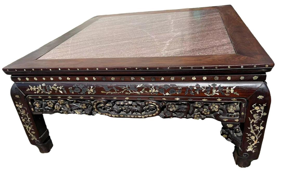 Old chinese rosewood square table with mother of pearl and marble inlaid (1 of 8)