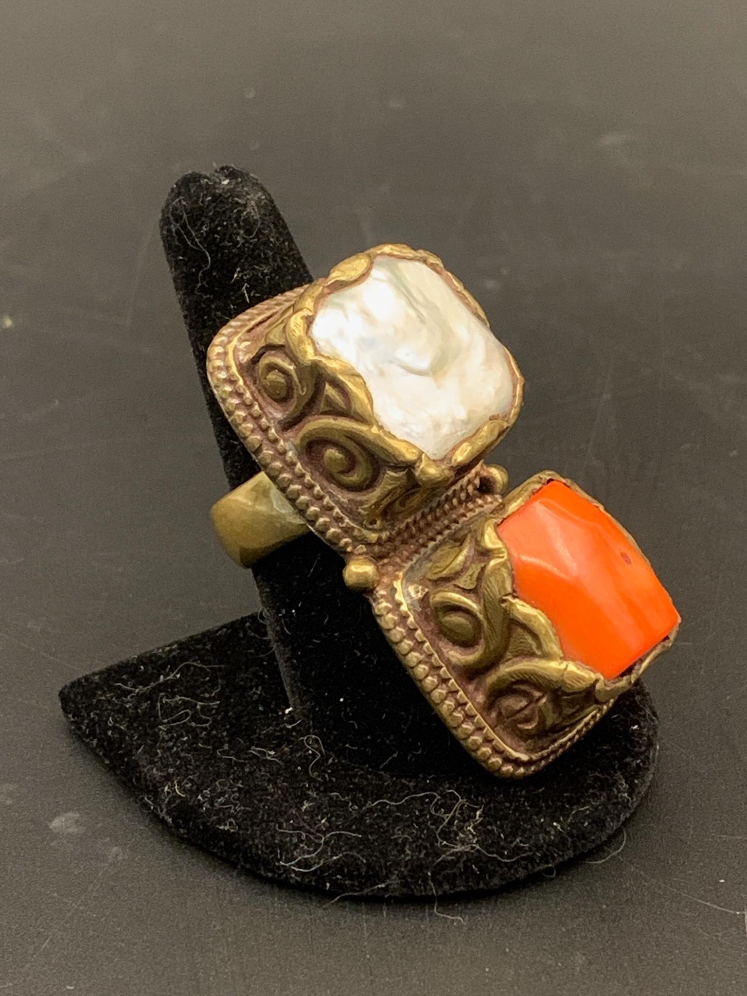 A fine large bronze ring with coral and pearl (1 of 9)
