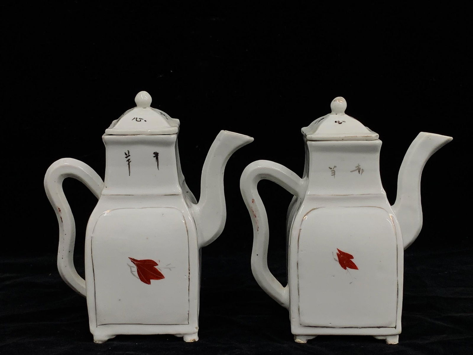 A Pair Of Republican Chinese Antique Gold Gild handpainted Porcelain Square Teapots: H: 6.75"
