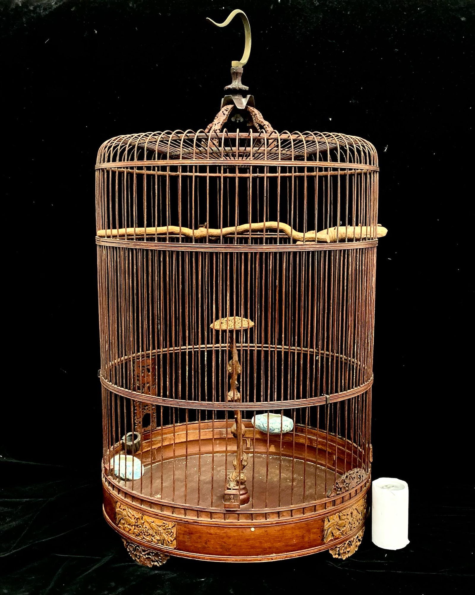 A large chinese antique 19th century bamboo carved and woven adjustable bird cage: large chinese antique 19th century bamboo carved and woven adjustable bird cage; 40"H, can be higher than 40" plus extension