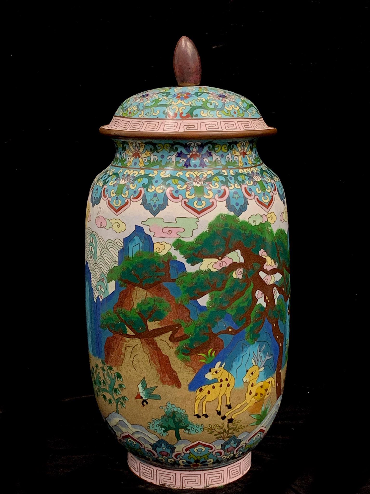 A beautiful chinese antique cloisonne jar: beautiful chinese antique cloisonne jar; house, animal, tree, and ocean motif; fabulous piece; 16"H