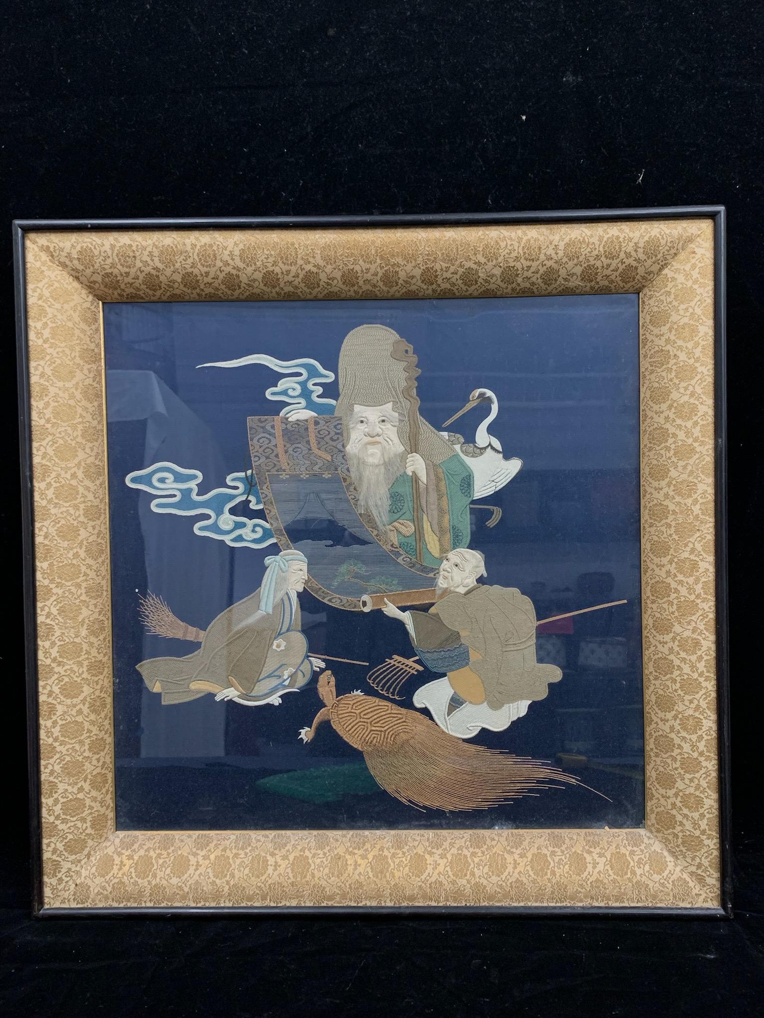 A chinese framed embroidery: chinese framed embroidery; 29.1" x 29"