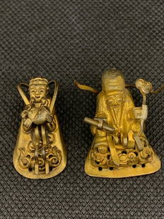 A pair of chinese antique gold gilded silver figure, decorated on old Chinese childrenâ€™s hat: pair of chinese antique gold gilded silver figure, decorated on old Chinese childrenâ€™s hat 1.75"L