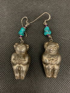 A pair of old chinese silver carved figure earings with turquoise: pair of old chinese silver carved figure earings with turquoise; 2.5"L