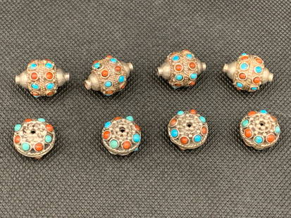 A set of chinese old silver bead with turquoise and coral embedded: set of chinese old silver bead with turquoise and coral embedded; 2cm; 1.5cm