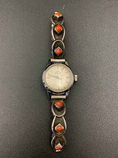 Antique Swiss made silver watch with coral embedded: antique Swiss made silver watch with coral embedded;