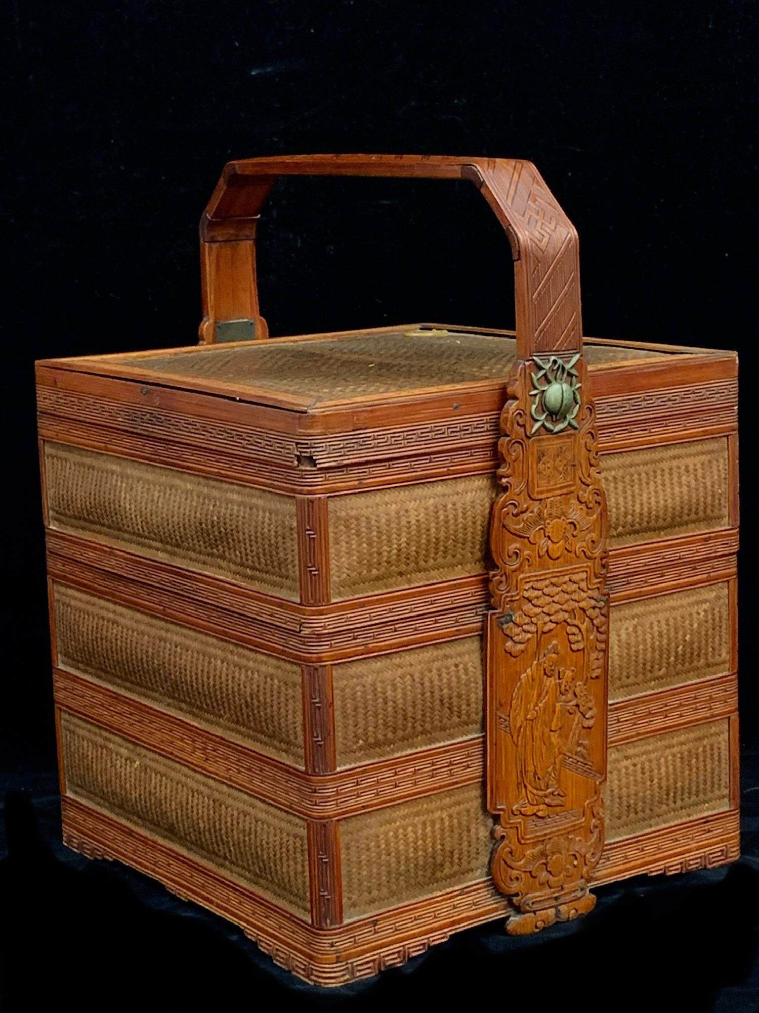 A fine chinese antique woven bamboo square container with bronze embedded and export mark: with export mark. H: 13.5"