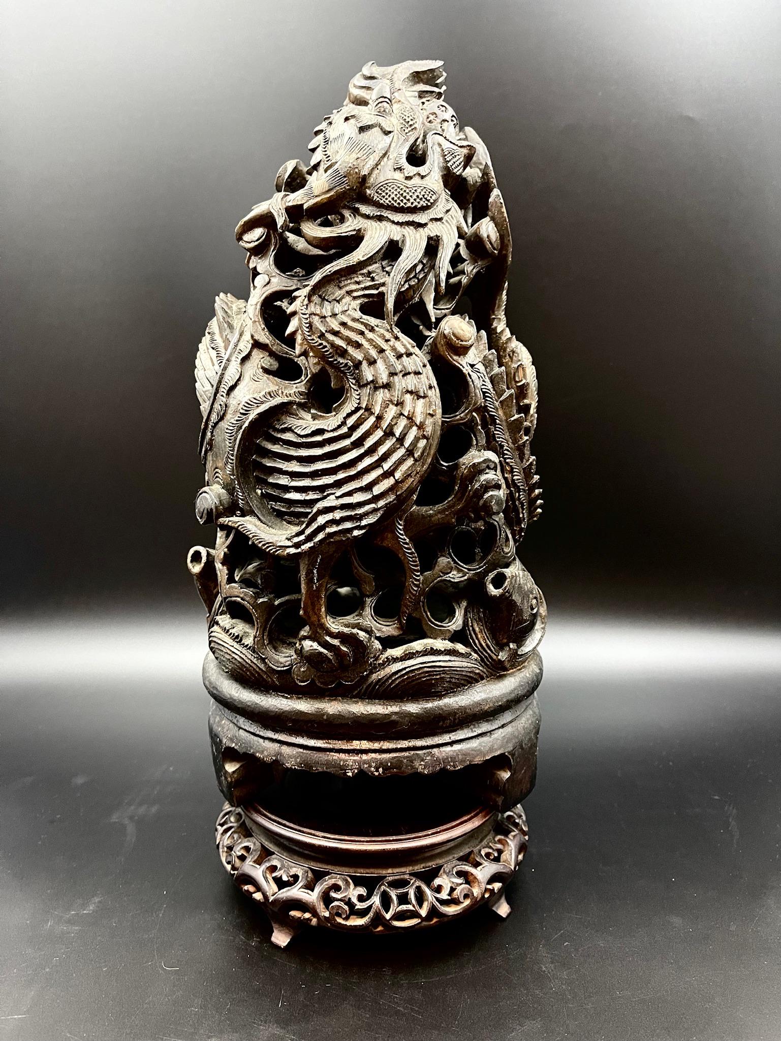 A fine chinese antique bamboo carved dragon: fine chinese antique bamboo carved dragon; stands not included;