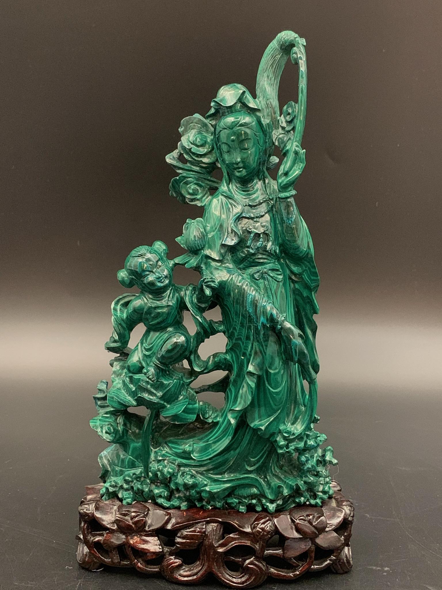 A fine chinese antique malachite carved fairy figure: fine chinese antique malachite carved fairy figure; 9.45"H