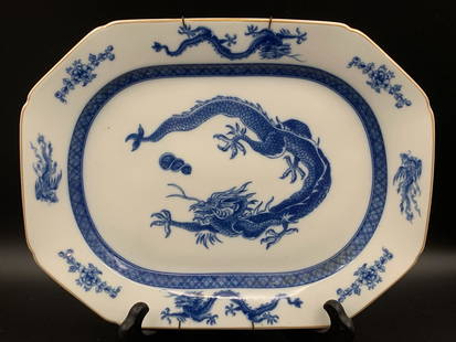 A very rare chinese blue dragon rectangle porcelain plate by Mottahedeh: very rare chinese blue dragon rectangle porcelain plate by Mottahedeh; 15.6" x 12"