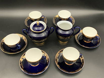 15PCS USSR The First Royal Porcelain Factory of Russia Lomonosov Imperial Golden Frieze: USSR SOVIET TIMES The First Royal Porcelain Factory of Russia Lomonosov Imperial "Golden Frieze" cobalt blue porcelain coffee set; founded in 1744; cup H: 2.5"; teapot: 6"H; plate: 7"; smaller