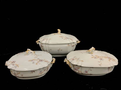 A set of 3 Haviand&Co Limoges H&C oval covered vegetable porcelain urns with golden gilted handles: set of 3 Haviand&Co Limoges H&C oval covered vegetable porcelain urns with golden gilted handles and knob; the largest: 13.5”x8.5”x7”