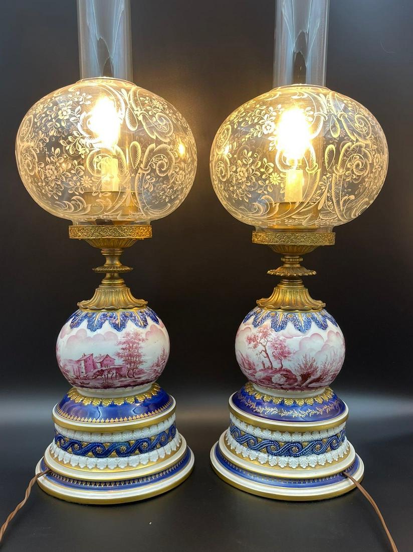A pair of Sevres mark hand painted Whale Oil porcelain lamp with bronze mounts and Victorian Style: Porcelain made in Sevres is most often marked with two blue-paintedinterlaced letters 'Ls', cross as dimond shape. The orignal owner gave the information of these two lamps were probably for Whale Oil