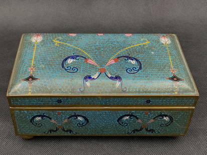 A chinese antique cloisonne box with export sticker: chinese antique cloisonne box with export sticker; 7.5" x 4.1" x 3"