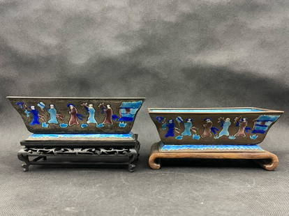 A pair of chinese antique cloisonne rectangular flower pots: pair of chinese antique cloisonne rectangular flower pots; 8.2" x 4.25" x 4.5"; stands not included