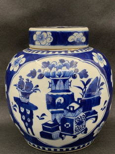 A unique chinese antique blue and white porcelain jar with double lid: unique chinese antique blue and white porcelain jar with double lid; H: 7.75"