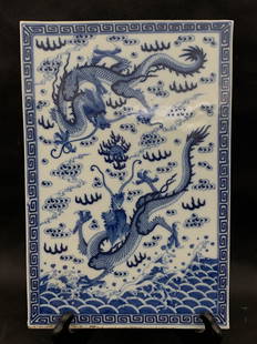 An important chinese antique qing dynasty dragon theme porcelain plaque: important chinese antique qing dynasty dragon theme porcelain plaque; 16.75" x 11"; stands not included;