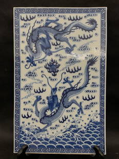 An important chinese antique qing dynasty dragon theme porcelain plaque: important chinese antique qing dynasty dragon theme porcelain plaque; 16.75" x 10.5"; stands not included;