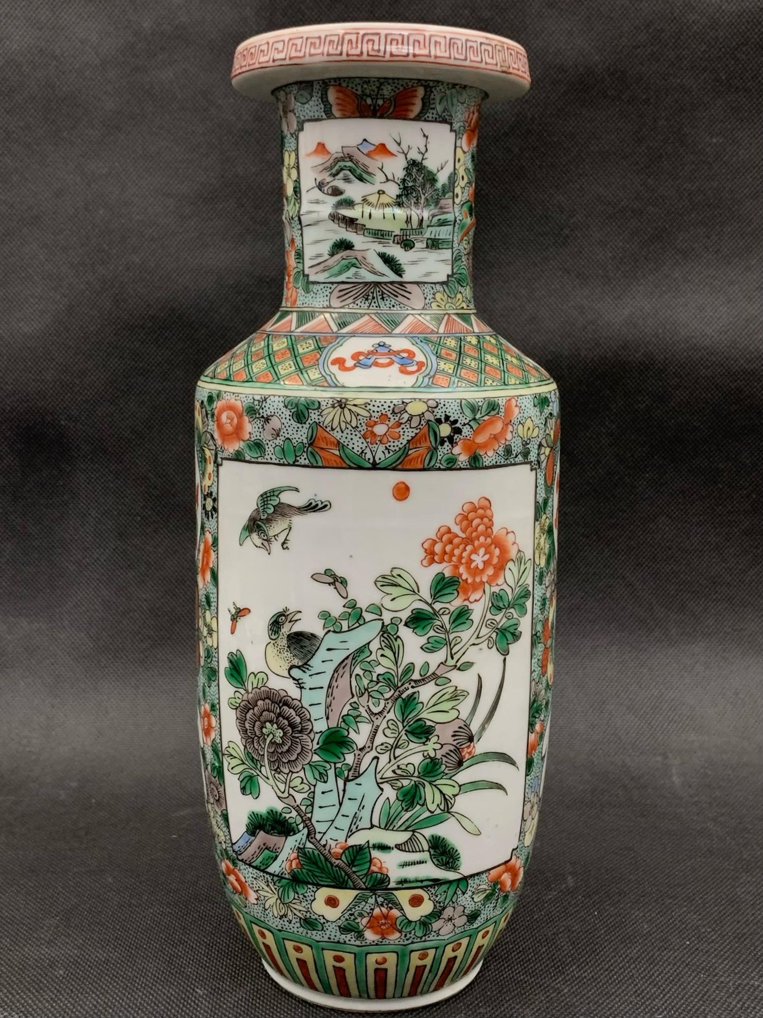 A fine chinese antique wucai flower and bird theme porcelain vase: fine chinese antique wucai flower and bird theme porcelain vase; H; 11"