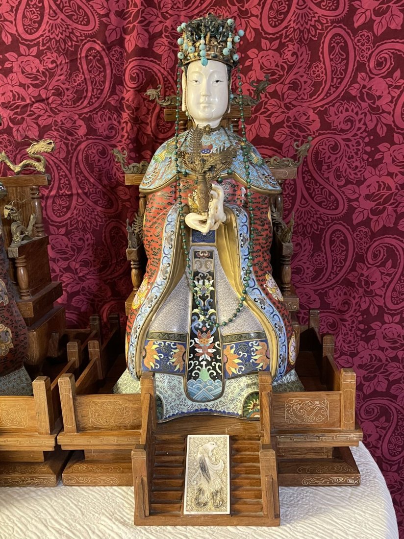 An important chinese antique bone carved cloisonne emperess: One Chinese Exquisite Antique Bone carved Treasure stones Turquoise CloisonnÃ© Figurine of Emperess with Magnificent Phoenix coronet robe of rank and jewel-encrusted Phoenix Crown