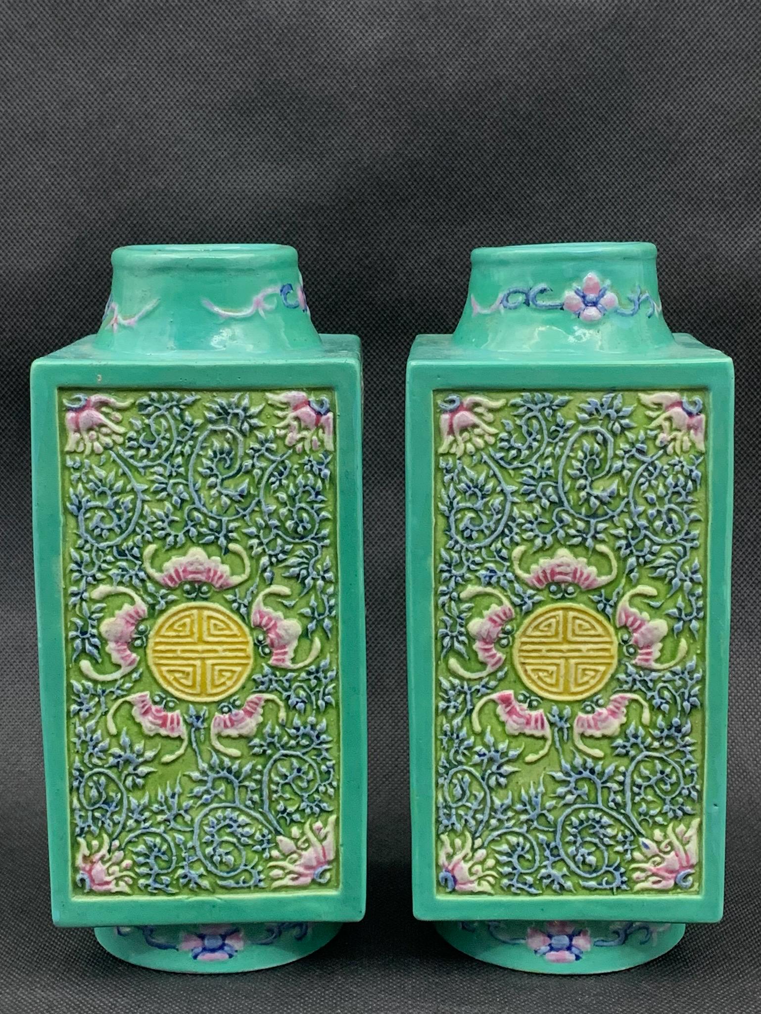 A pair of fine chinese antique qing dynasty turquoise glazed famille rose square shaped porcelain: pair of fine chinese antique qing dynasty turquoise glazed famille rose square shaped porcelain vase; marked; H: 8"