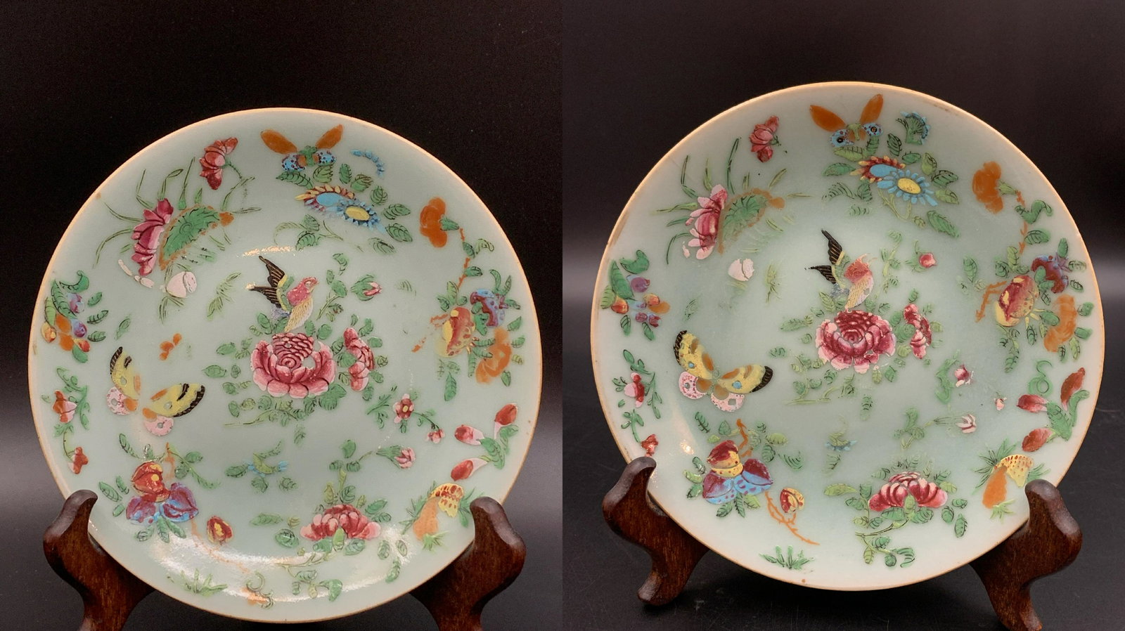 A pair of chinese antique green glazed famille rose floral, bird, and butterfly scene porcelain: pair of chinese antique green glazed famille rose floral, bird, and butterfly scene porcelain plate; stands not included; D; 7"
