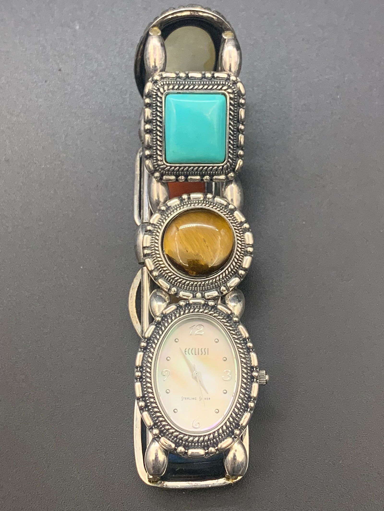 Fine agate, lapis, moonstone, and turquoise sterling silver "Ecclissi" Japan Quartz: L: 3.85"; watch: 2.4cm