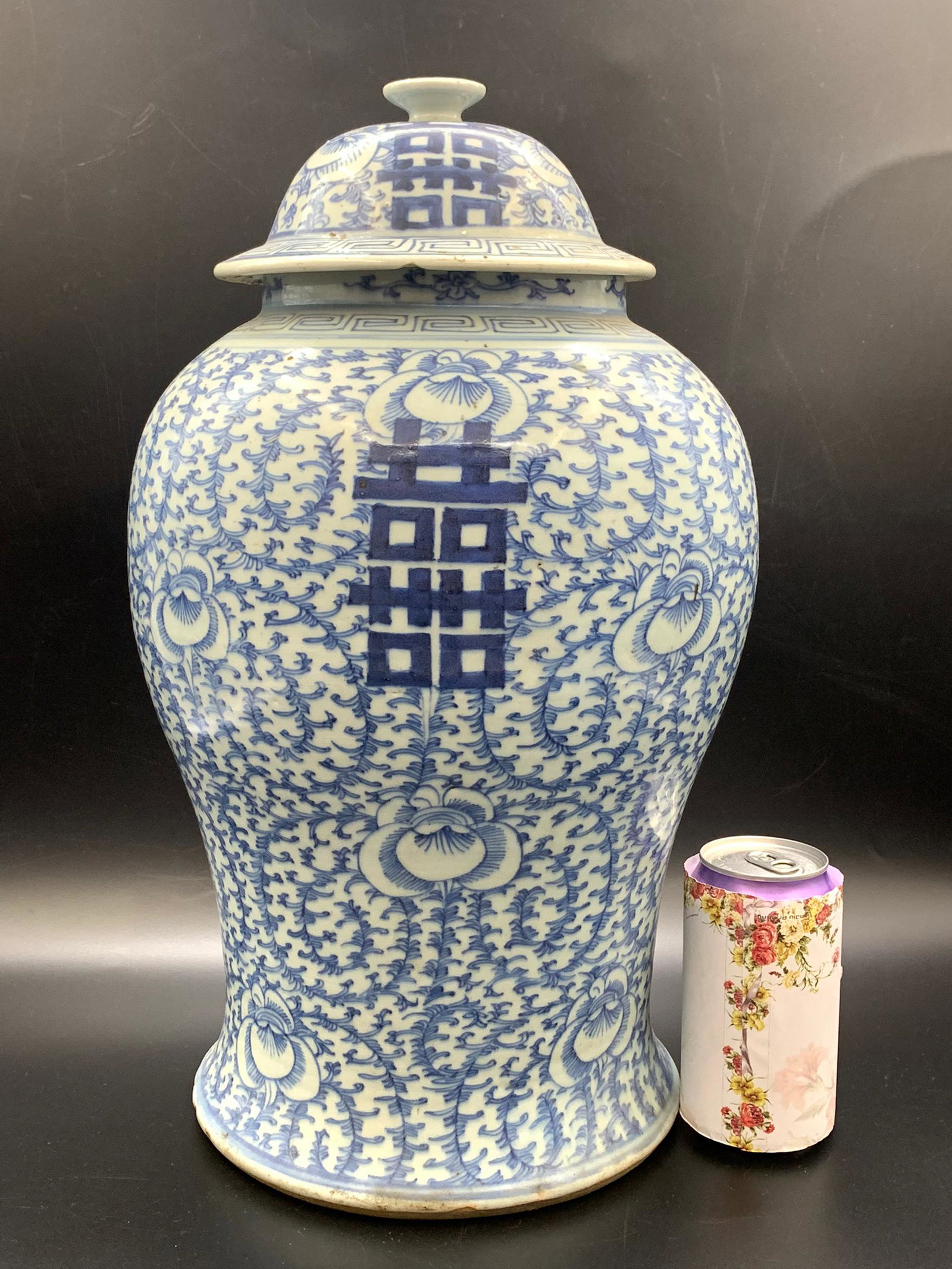 19th Century Chinese Antique Blue and White Double Happiness Floral Porcelain Temple Jar: stands not included; 18"H