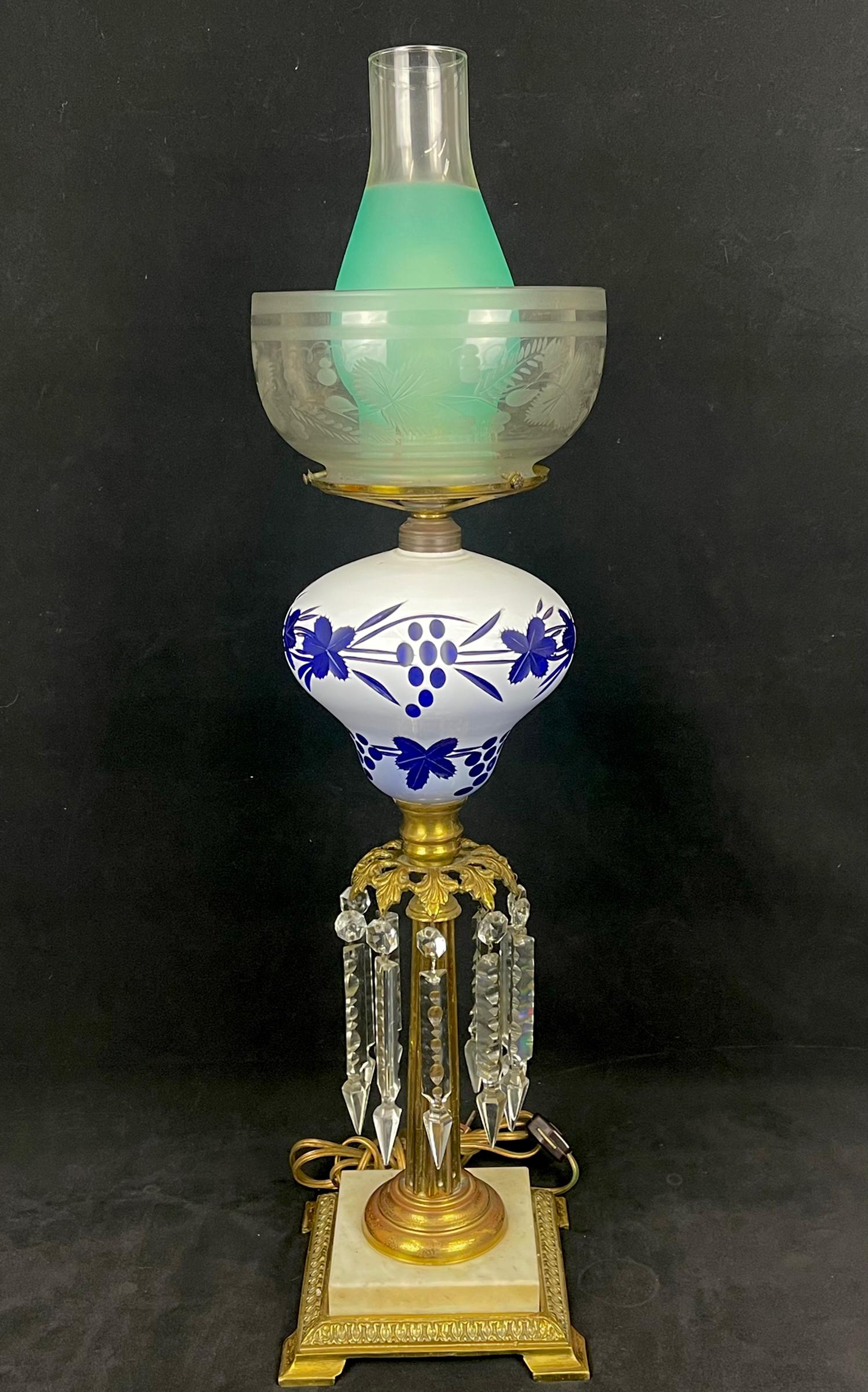 Beautiful Antique Refitted Oil Lamp with Shade - Lamp with Painted Glass and Drop Crystals (1 of 5)