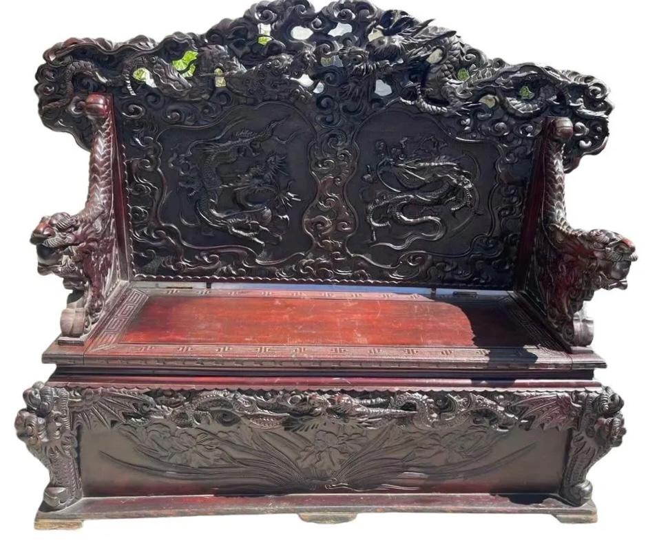 Large Chinese antique rosewood heavily carved dragon pattern bench (1 of 10)