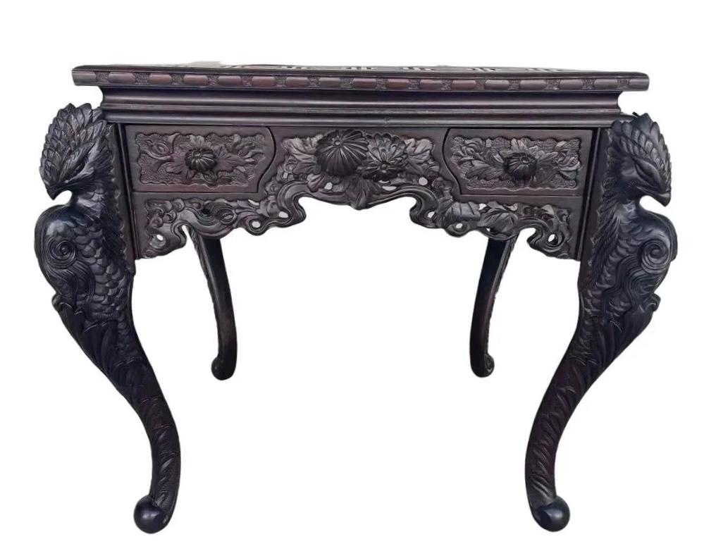 Fine chinese antique rosewood heavily carved floral table: 35" x 30" x 31"