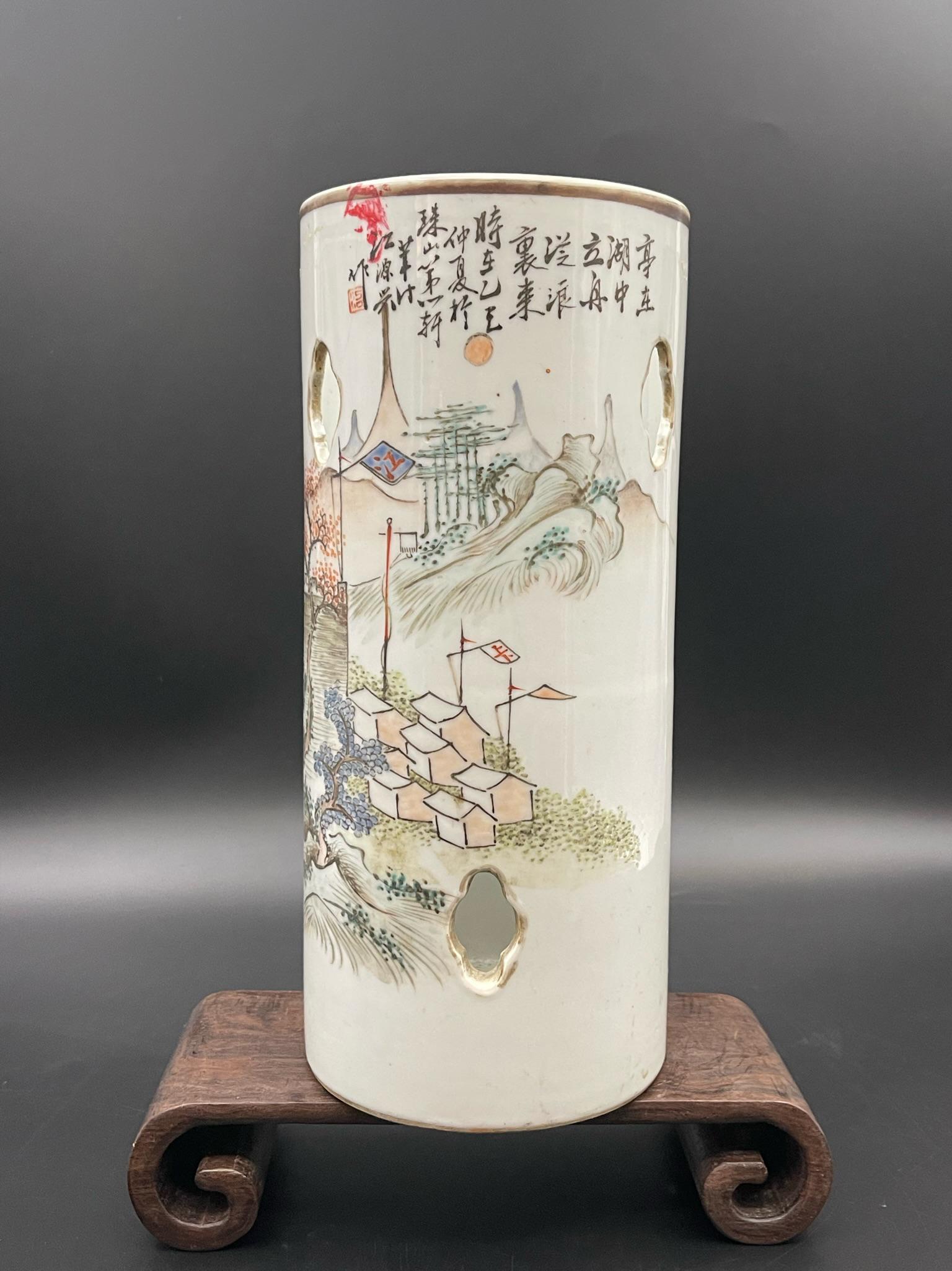 Chinese antique landscape scene porcelain hat stand: stands not included; H: 11.25"