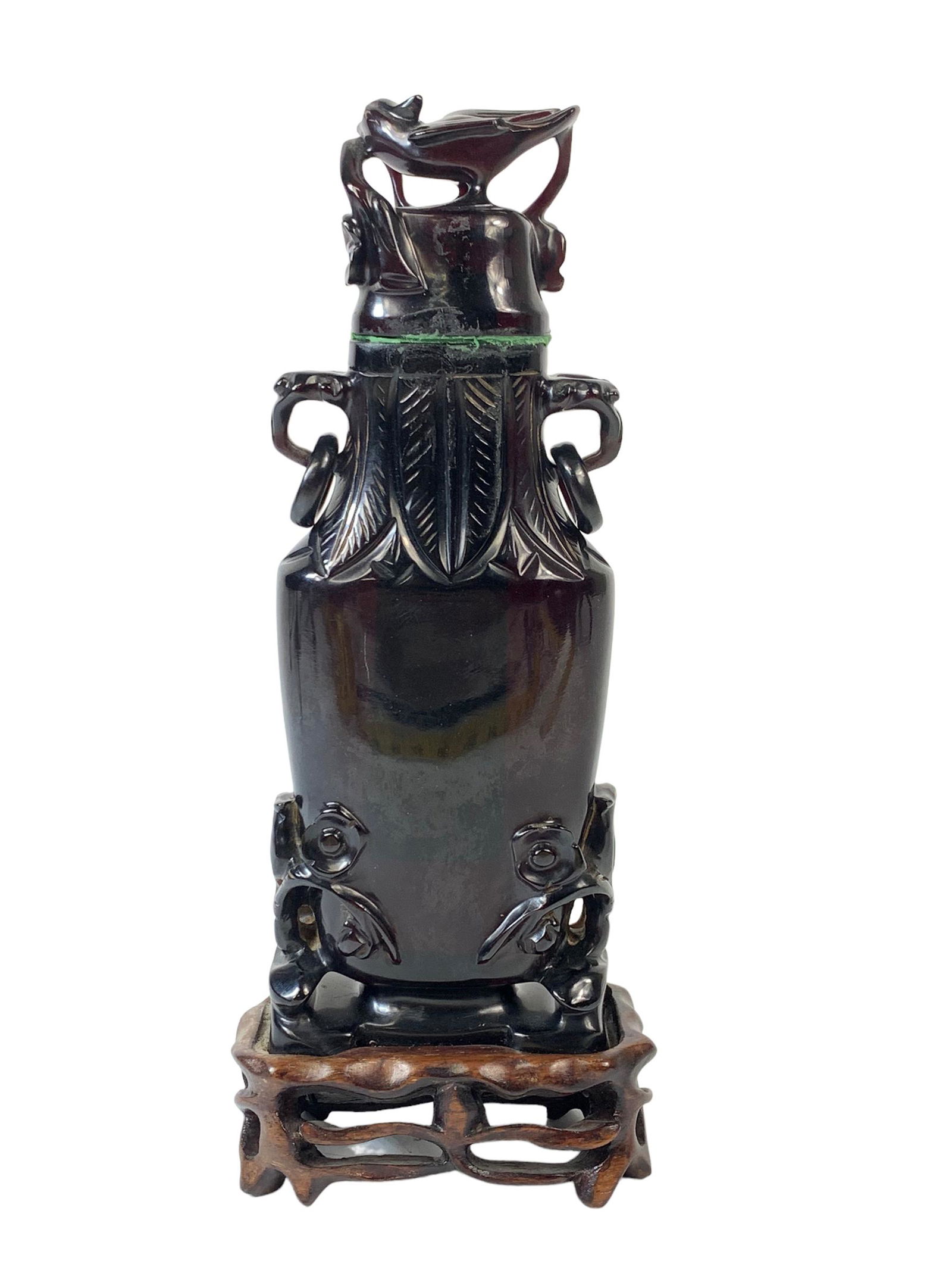 Fine chinese amber carved vase with rosewood stand (1 of 8)
