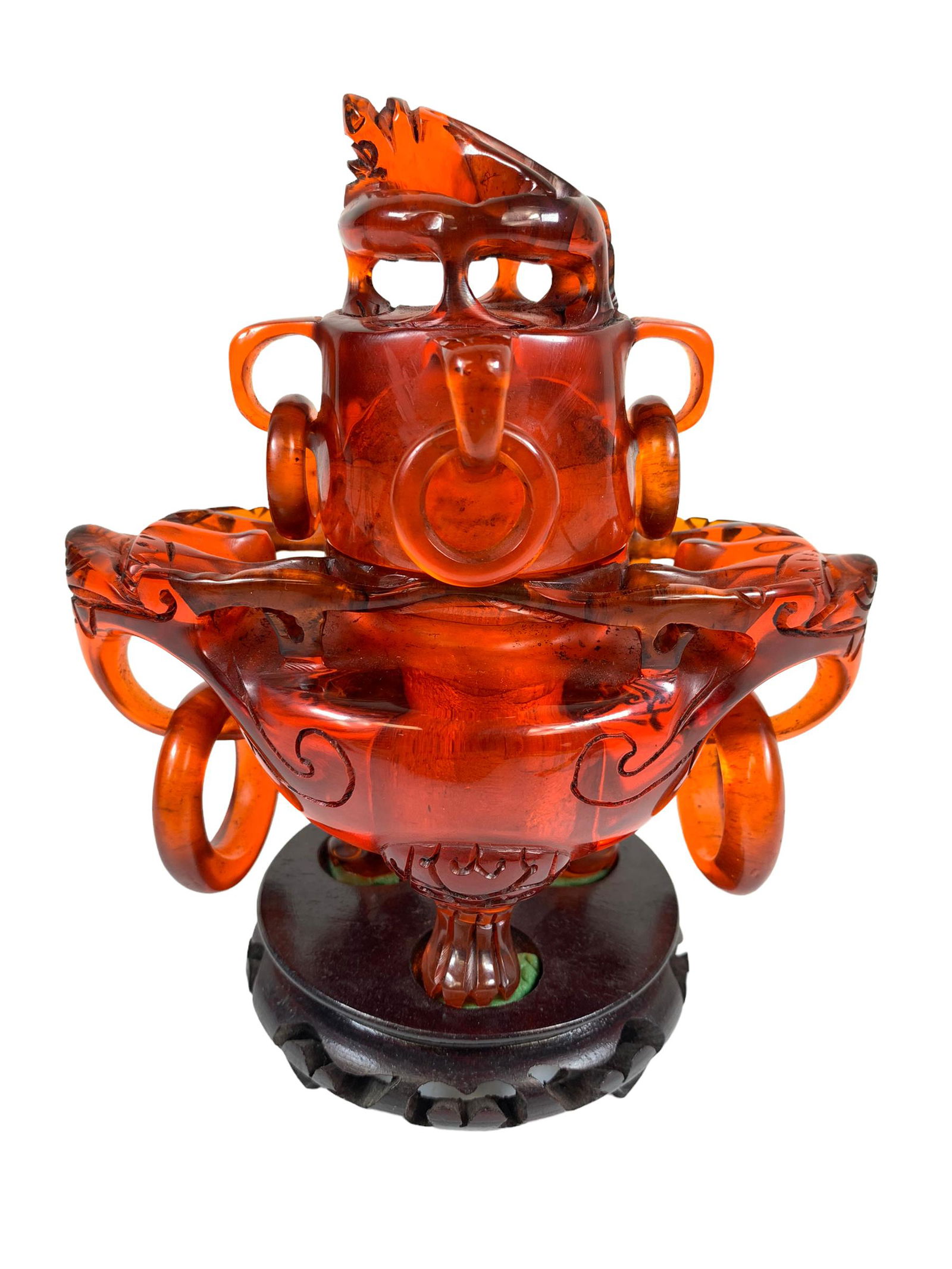 Fine chinese amber carved vase with rosewood stand (1 of 7)