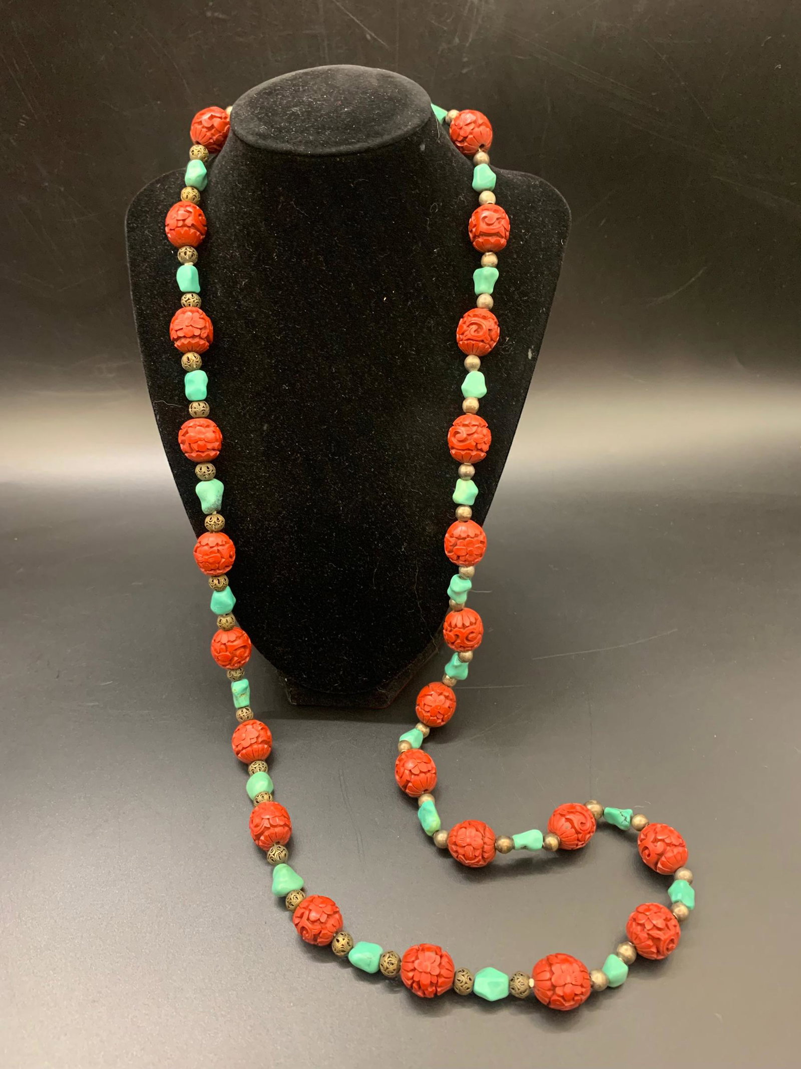 Chinese cinnabar , turquoise and silver beads necklace: L: 18.5"