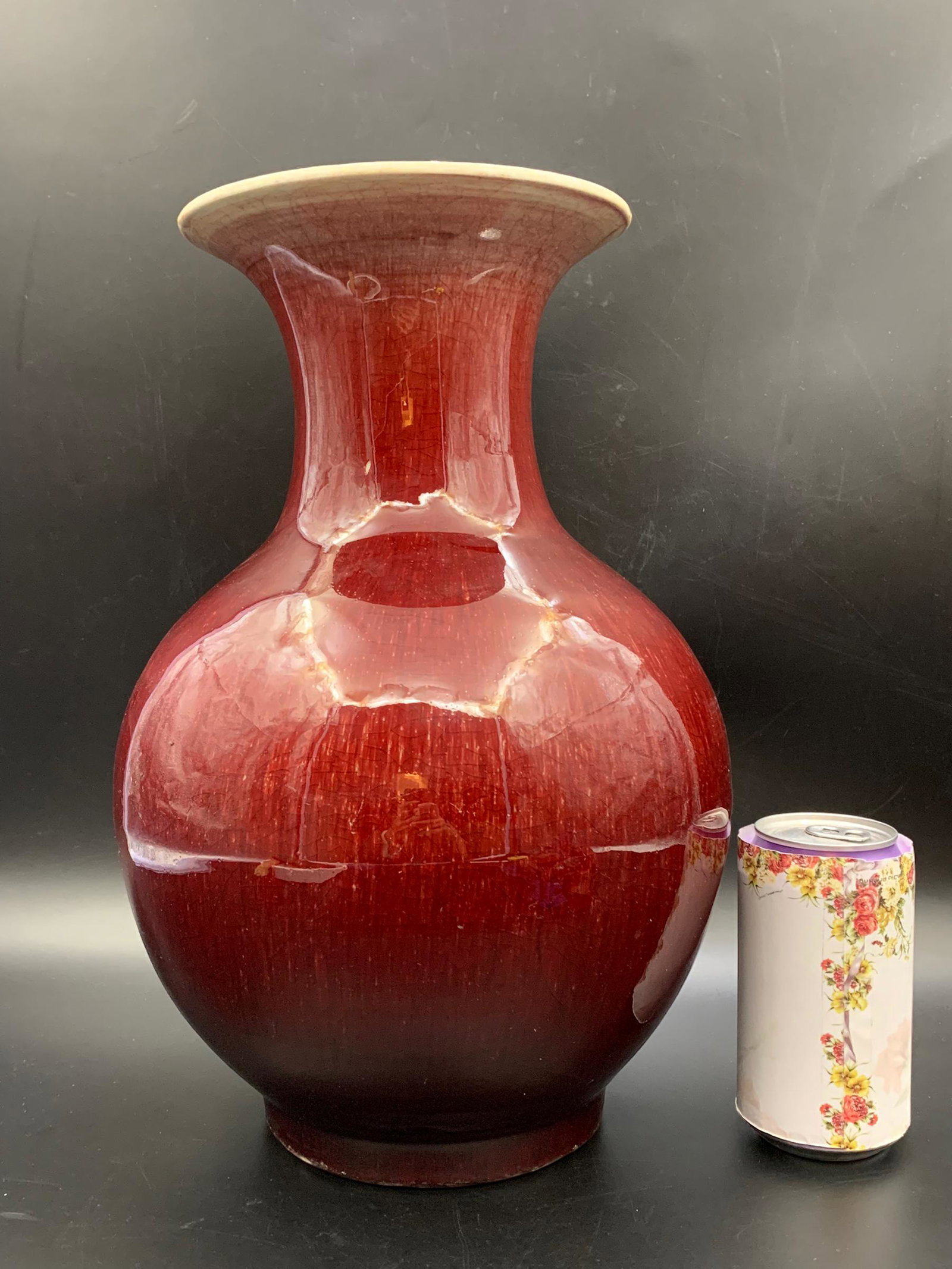 Chinese antique red glazed porcelain vase: H: 14.5" cracks and lines and repairs