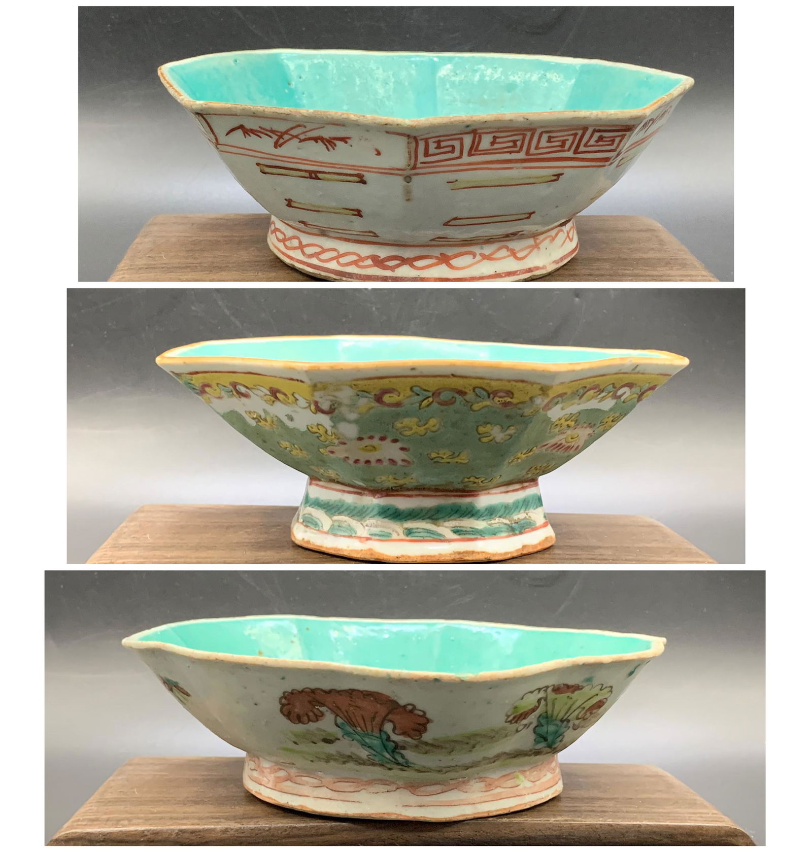 3 chinese antique turquoise glazed porcelain bowl: stands not included; normal wear; 7"D; 6.5"D, 6.5"D