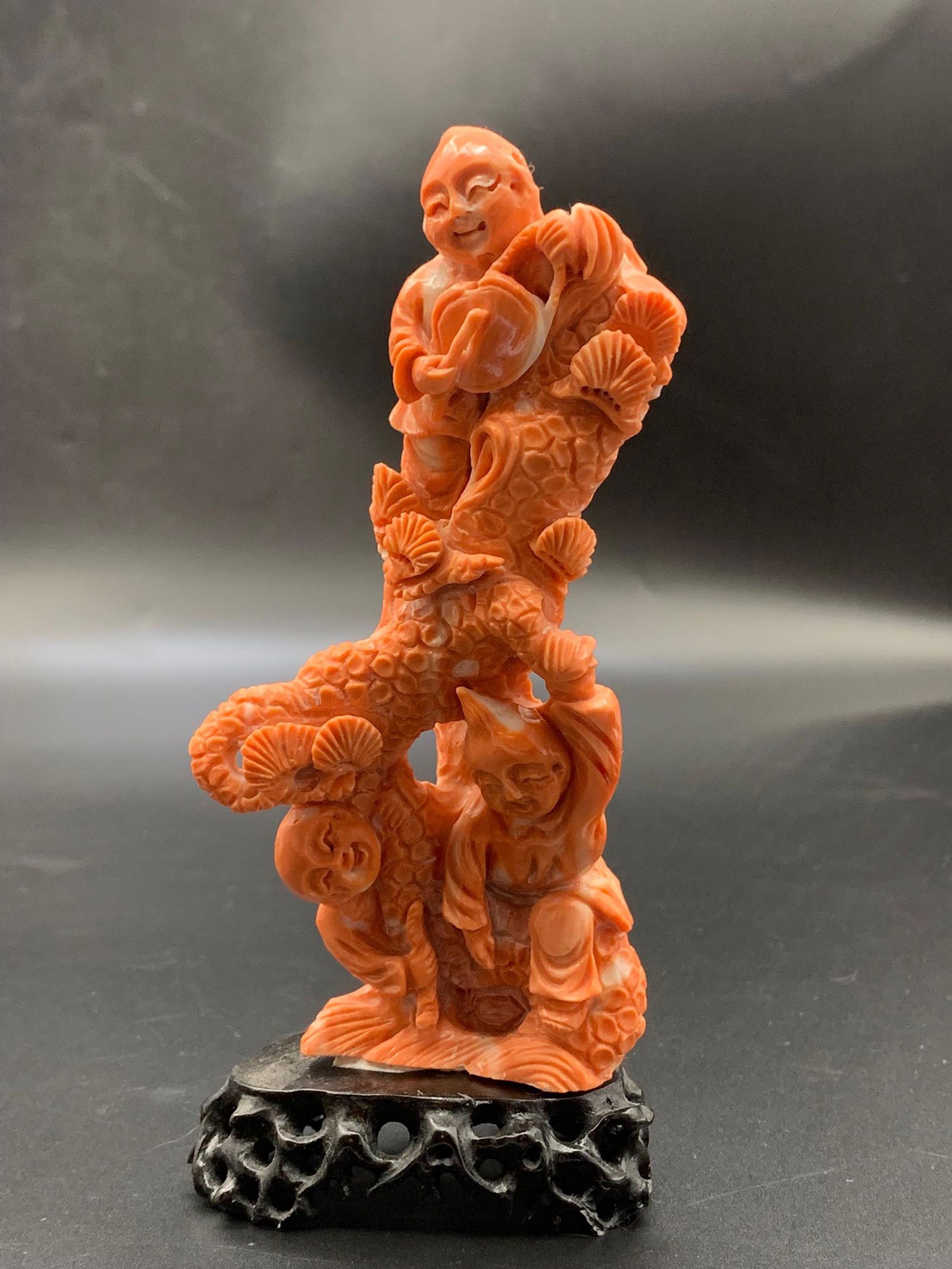 Fine large chinese coral carved figurines on stand (1 of 5)