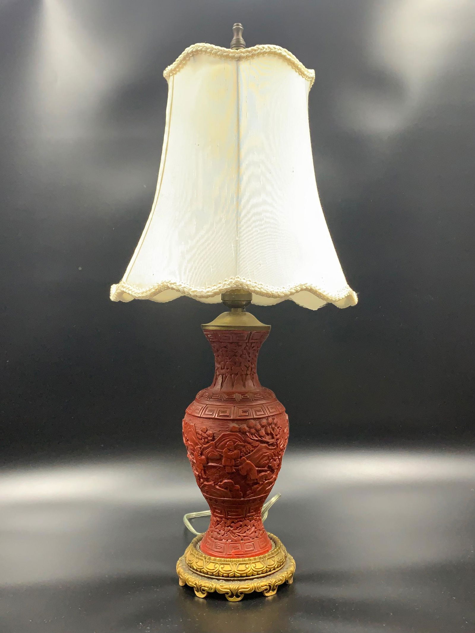 Chinese antique cinnabar vase made as lamp with bronze base and lid (1 of 6)