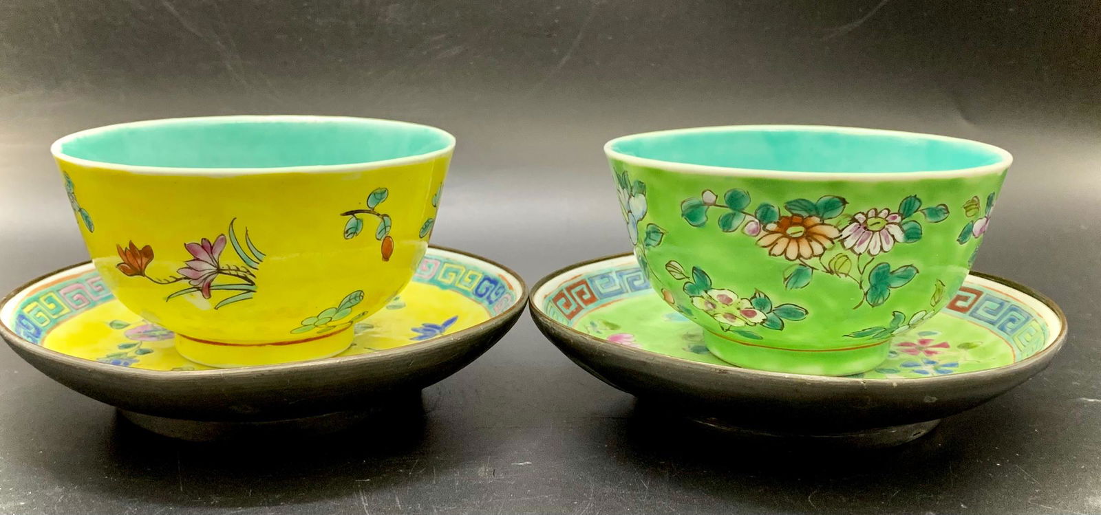 Pair of chinese antique green and yellow glazed floral cups and plates (1 of 9)