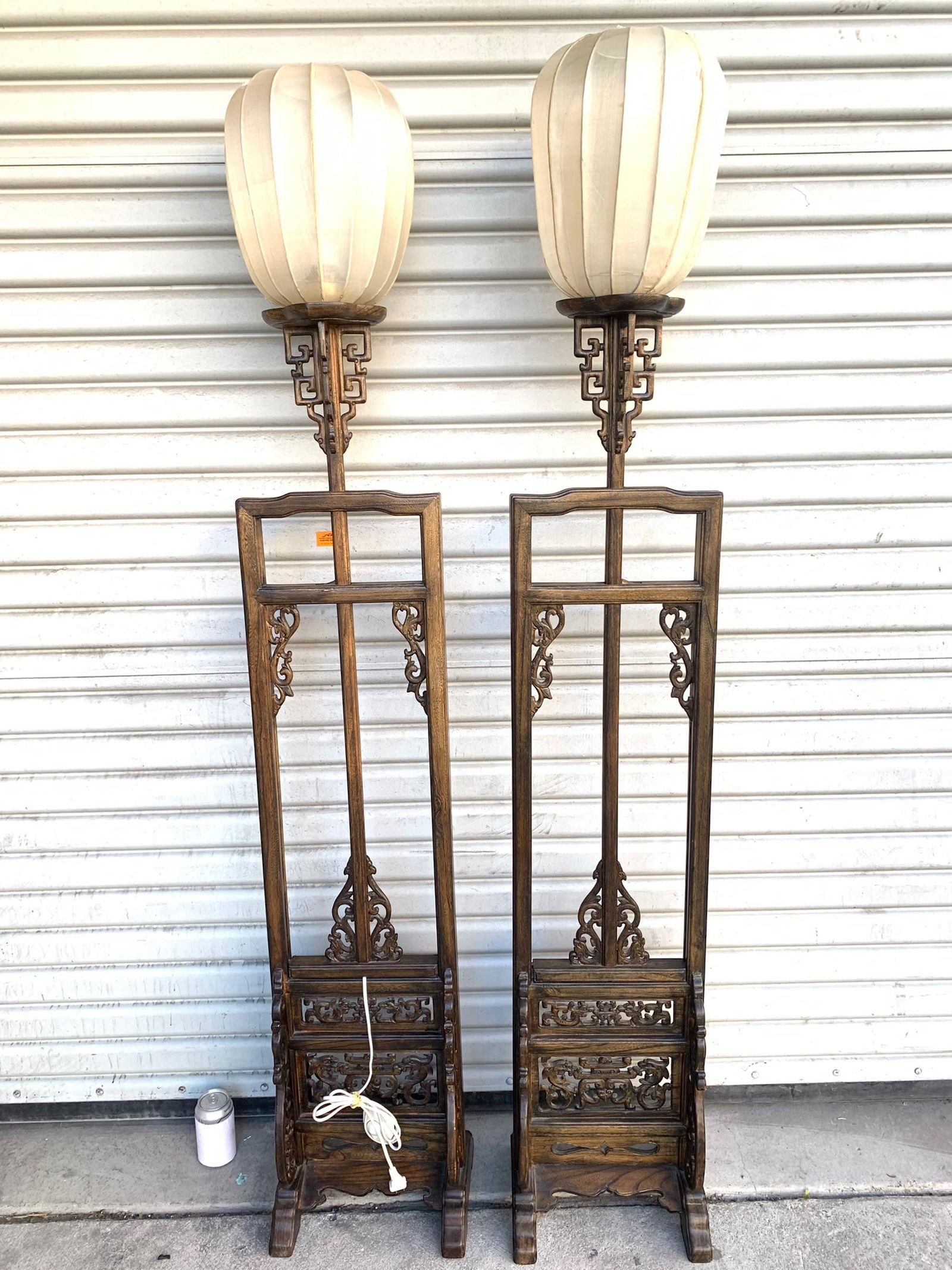 Pair of traditional chinese wooden floor lamps with silk shades (1 of 6)