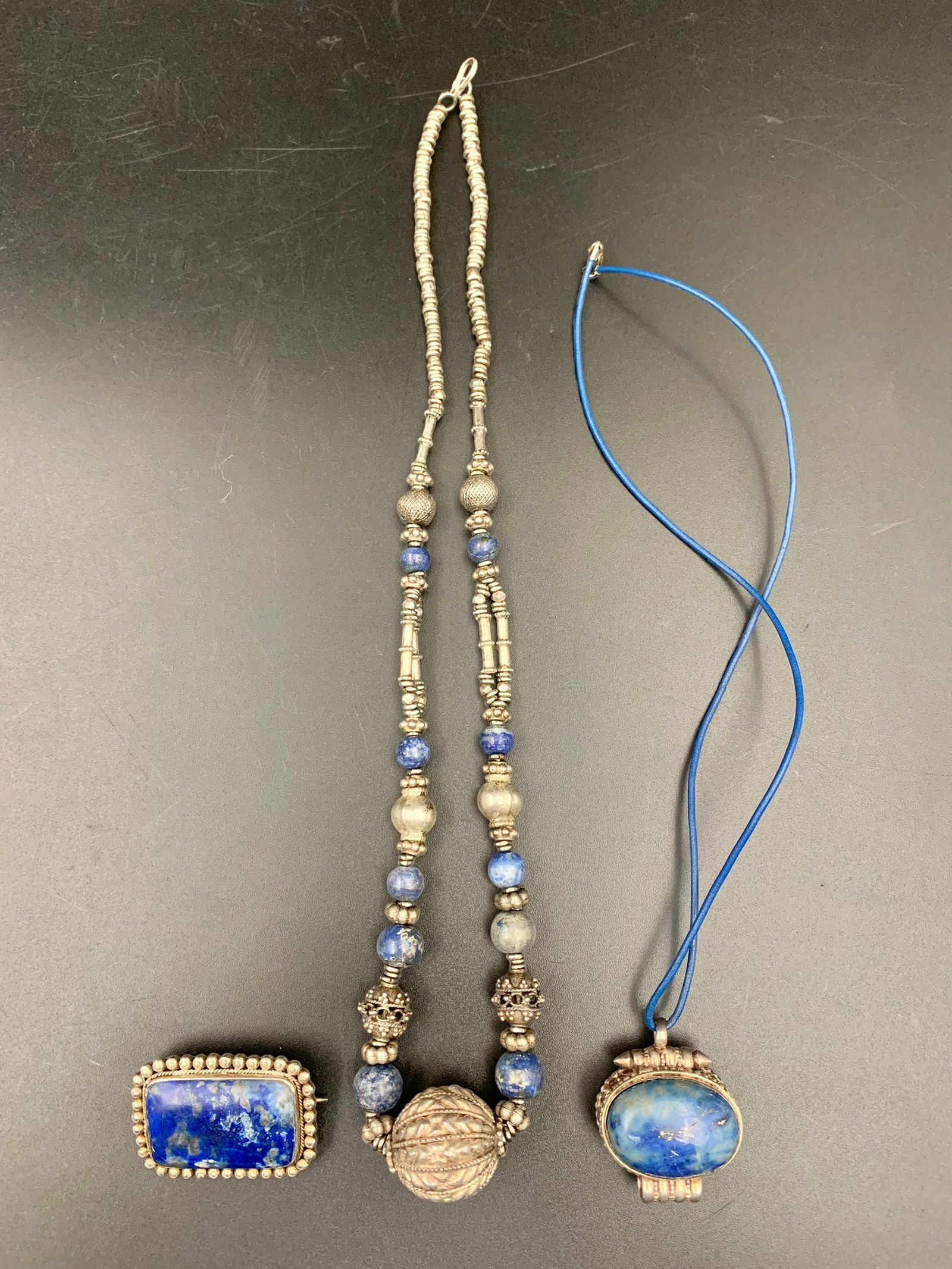 Set of 3 sterling silver Lapis brooch, beads necklace, and pendant (1 of 7)