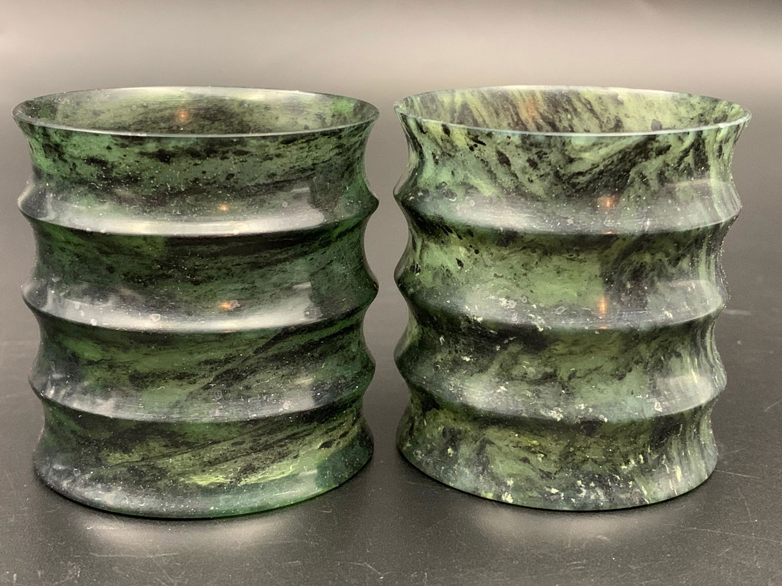 Pair of chinese spinach jade carved cups with original box (1 of 5)