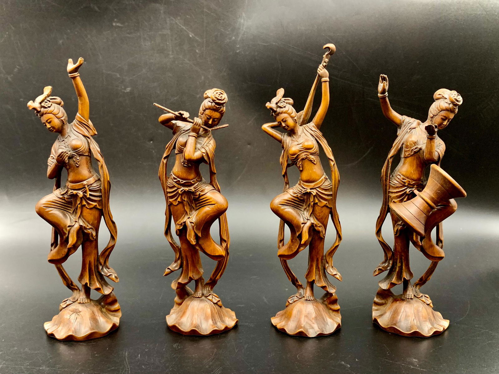 Set of 4 chinese antique "huangyang" rosewood carved dancers: H: 7"